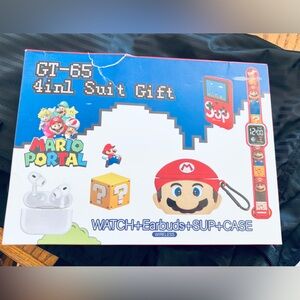 Mario Bros. Sup game device watch earbuds and Mario face earbud case gift set